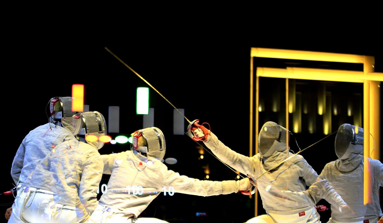 Multiple exposure photos of West Java Idon Jaya Wiguna (r) competes against South Sumatra Ricky Dhisulimah during The National Games Men Sable Fencing finals in Harris Hotel, Bandung, West Java, Friday, September 23, 2016. Idon snatch gold after win 15-13. JP/Seto Wardhana.